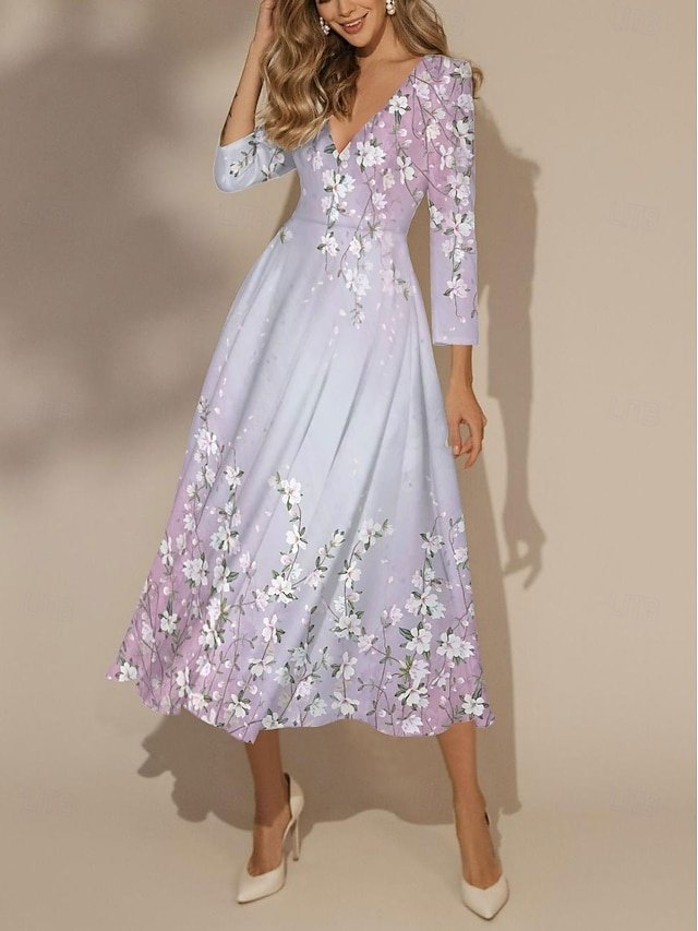 Modern Regular Fit Floral V Neck 3/4 Sleeve Maxi Dress - Image 1