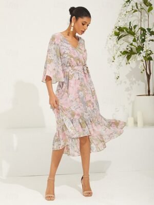 Modern Regular Fit Floral V Neck 3/4 Sleeve Midi Dress - Image 10
