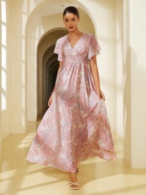 Modern Regular Fit Floral V Neck 3/4 Sleeve Midi Dress - Image 11