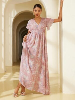 Modern Regular Fit Floral V Neck 3/4 Sleeve Midi Dress - Image 14