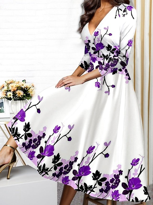 Modern Regular Fit Floral V Neck 3/4 Sleeve Midi Dress - Image 2