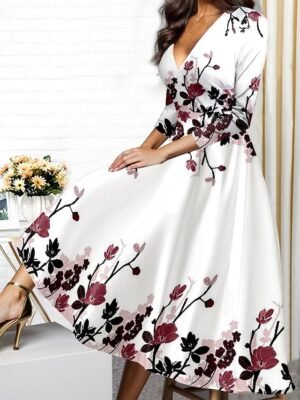 Modern Regular Fit Floral V Neck 3/4 Sleeve Midi Dress - Image 3