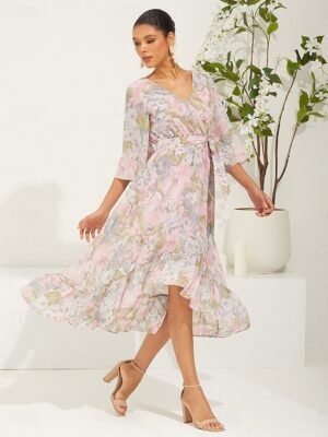 Modern Regular Fit Floral V Neck 3/4 Sleeve Midi Dress - Image 5