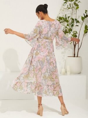 Modern Regular Fit Floral V Neck 3/4 Sleeve Midi Dress - Image 6
