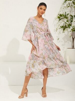 Modern Regular Fit Floral V Neck 3/4 Sleeve Midi Dress - Image 8