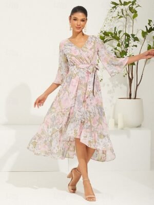 Modern Regular Fit Floral V Neck 3/4 Sleeve Midi Dress - Image 9