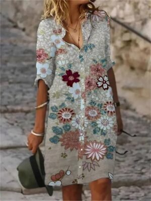 Modern Regular Fit Flower Print Shirt Collar Half Sleeve Midi Shirt Dress - Image 1