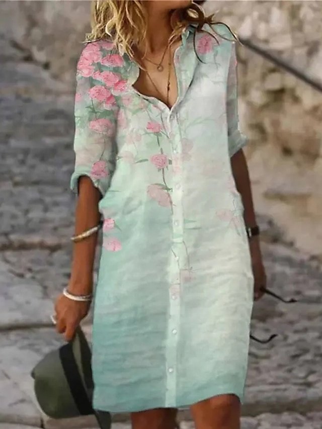 Modern Regular Fit Flower Print Shirt Collar Half Sleeve Midi Shirt Dress - Image 2