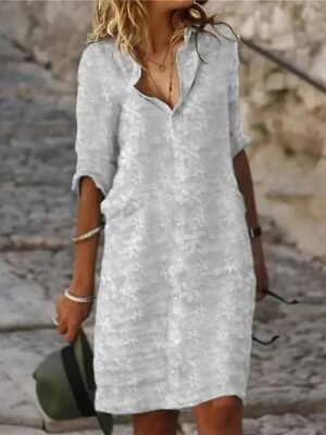 Modern Regular Fit Flower Print Shirt Collar Half Sleeve Midi Shirt Dress - Image 3