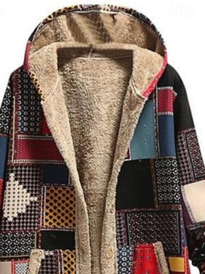 Modern Regular Fit Geometric Hooded Long Sleeve Winter Fleece Jacket - Image 3