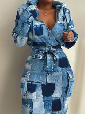 Modern Regular Fit Graphic Print Deep V Long Sleeve Midi Hoodie Dress - Image 3