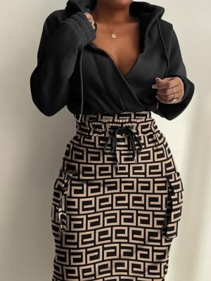 Modern Regular Fit Graphic Print Deep V Long Sleeve Midi Hoodie Dress - Image 4