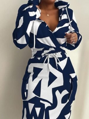 Modern Regular Fit Graphic Print Deep V Long Sleeve Midi Hoodie Dress - Image 5