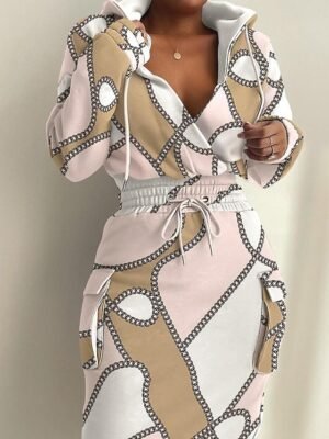 Modern Regular Fit Graphic Print Deep V Long Sleeve Midi Hoodie Dress - Image 6
