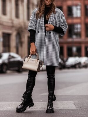 Modern Regular Fit Houndstooth Turndown 3/4 Sleeve Long Trench Coat - Image 2