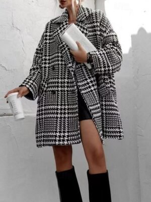 Modern Regular Fit Houndstooth Turndown Long Sleeve Long Coat - Image 3
