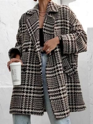 Modern Regular Fit Houndstooth Turndown Long Sleeve Long Coat - Image 6