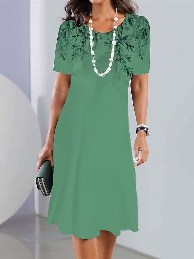 Modern Regular Fit Ombre Leaf Crew Neck Short Sleeve Mini Dress - Image 1