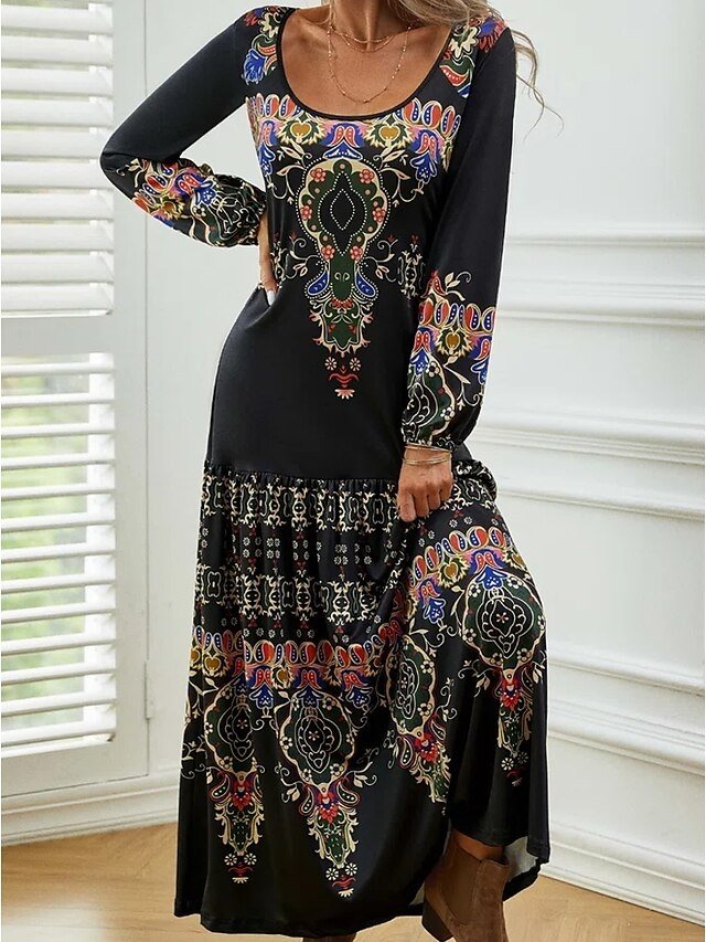 Modern Regular Fit Paisley U Neck Long Sleeve Maxi Dress - Image 1