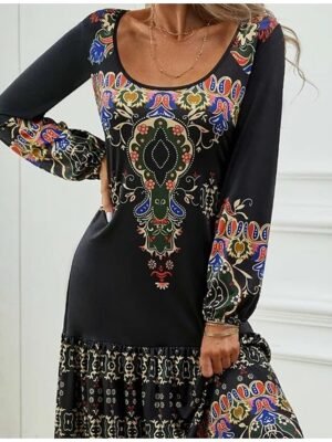 Modern Regular Fit Paisley U Neck Long Sleeve Maxi Dress - Image 2