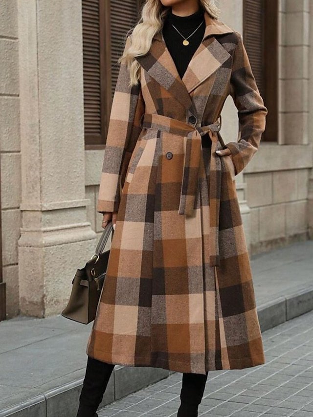 Modern Regular Fit Plaid Turndown Long Sleeve Long Trench Coat - Image 1