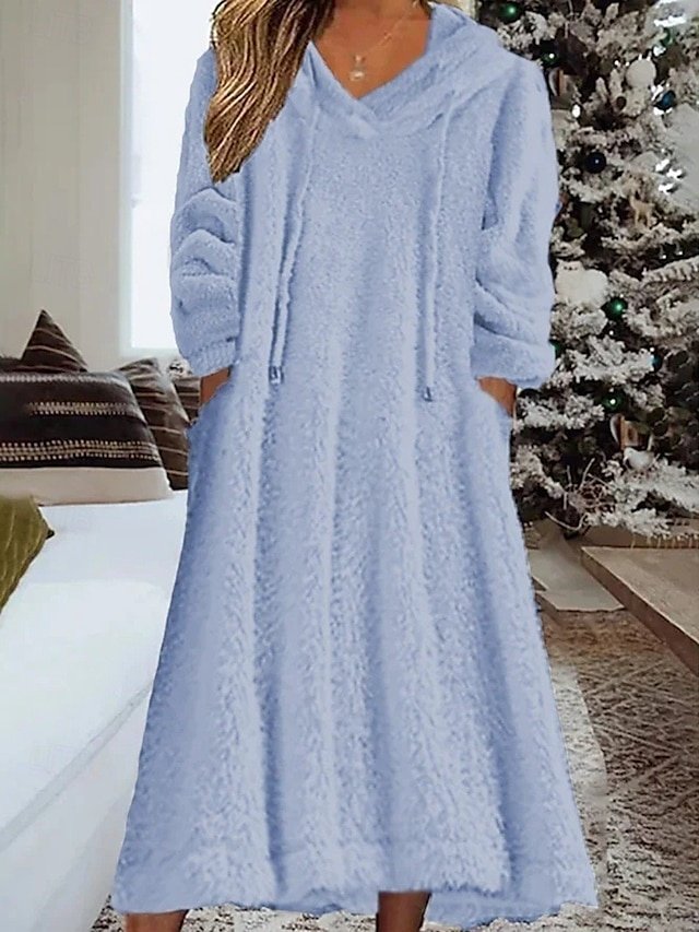 Modern Regular Fit Plain Hooded Long Sleeve Midi Hoodie Dress - Image 1