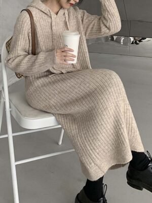 Modern Regular Fit Plain Hooded Long Sleeve Midi Hoodie Dress - Image 1