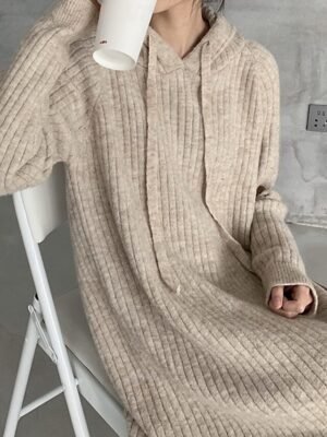 Modern Regular Fit Plain Hooded Long Sleeve Midi Hoodie Dress - Image 11