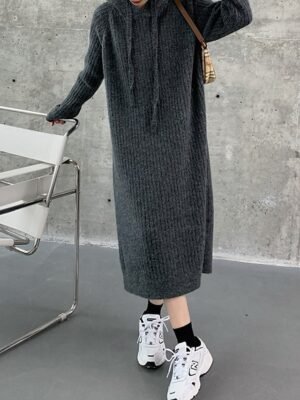 Modern Regular Fit Plain Hooded Long Sleeve Midi Hoodie Dress - Image 12