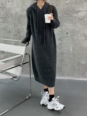 Modern Regular Fit Plain Hooded Long Sleeve Midi Hoodie Dress - Image 13
