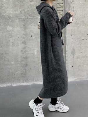 Modern Regular Fit Plain Hooded Long Sleeve Midi Hoodie Dress - Image 15