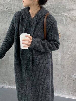 Modern Regular Fit Plain Hooded Long Sleeve Midi Hoodie Dress - Image 16