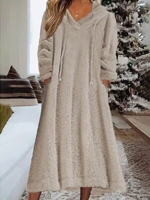 Modern Regular Fit Plain Hooded Long Sleeve Midi Hoodie Dress - Image 2