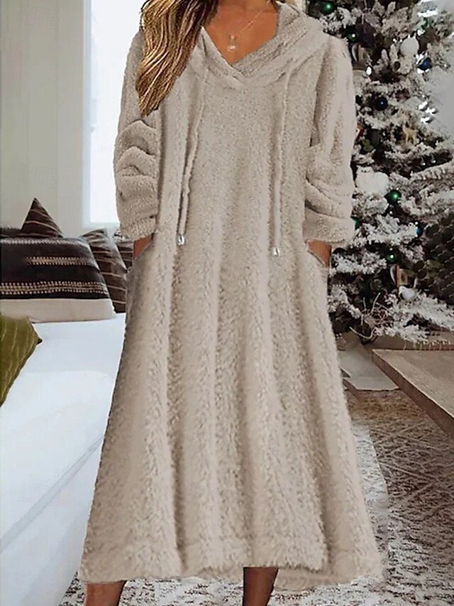 Modern Regular Fit Plain Hooded Long Sleeve Midi Hoodie Dress - Image 2