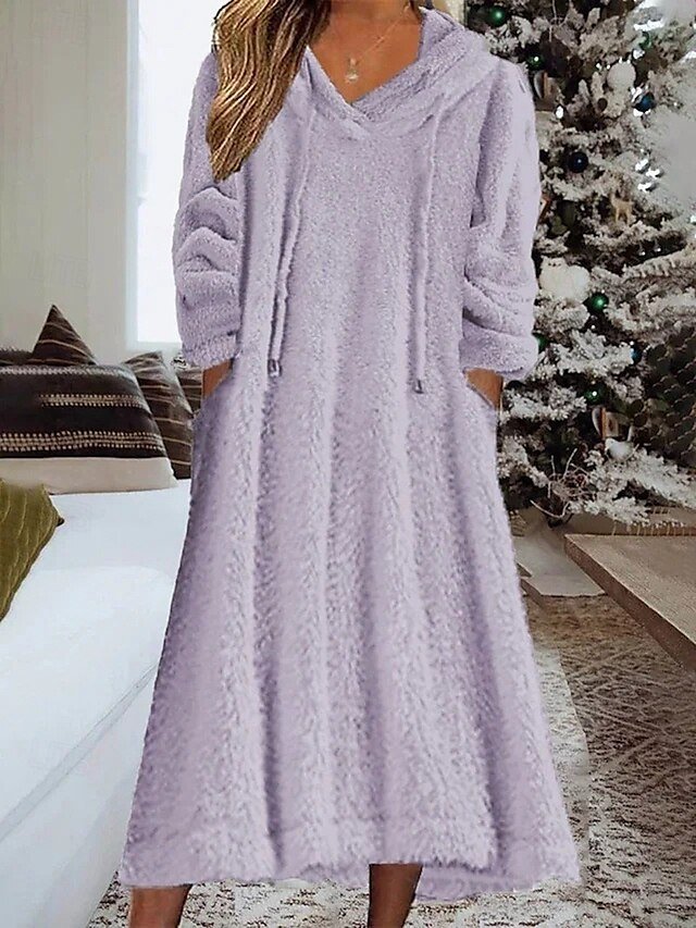 Modern Regular Fit Plain Hooded Long Sleeve Midi Hoodie Dress - Image 2