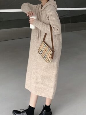 Modern Regular Fit Plain Hooded Long Sleeve Midi Hoodie Dress - Image 2