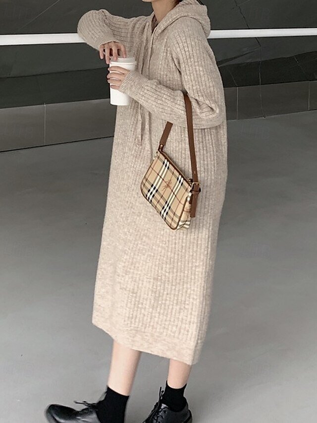 Modern Regular Fit Plain Hooded Long Sleeve Midi Hoodie Dress - Image 2