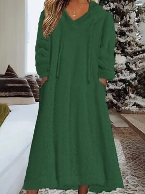 Modern Regular Fit Plain Hooded Long Sleeve Midi Hoodie Dress - Image 3