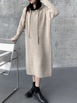 Modern Regular Fit Plain Hooded Long Sleeve Midi Hoodie Dress - Image 4