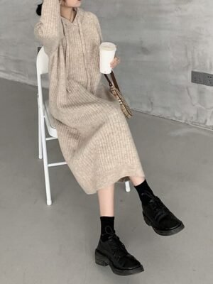Modern Regular Fit Plain Hooded Long Sleeve Midi Hoodie Dress - Image 6