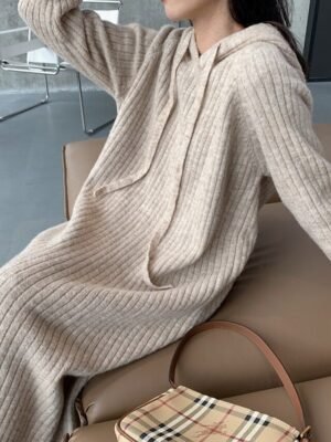 Modern Regular Fit Plain Hooded Long Sleeve Midi Hoodie Dress - Image 8