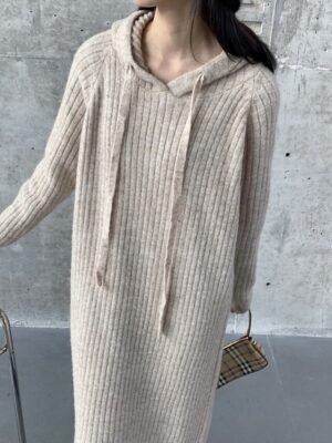 Modern Regular Fit Plain Hooded Long Sleeve Midi Hoodie Dress - Image 9