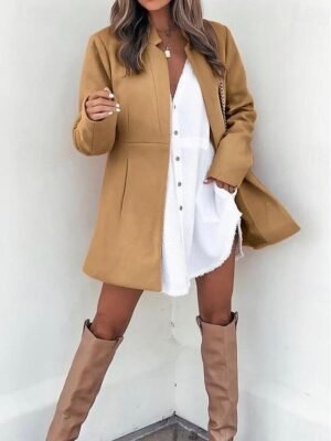 Modern Regular Fit Plain Stand Collar Long Sleeve Coat - Image 19