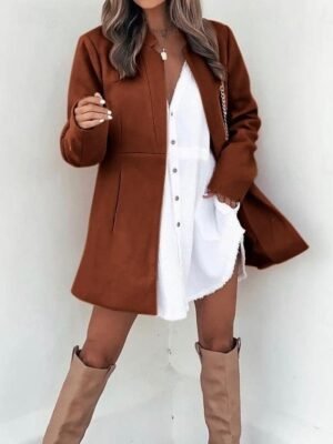 Modern Regular Fit Plain Stand Collar Long Sleeve Coat - Image 20