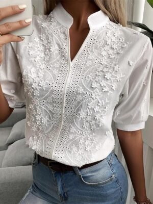 Modern Regular Fit Plain V Neck Lace Short Tops - Image 2