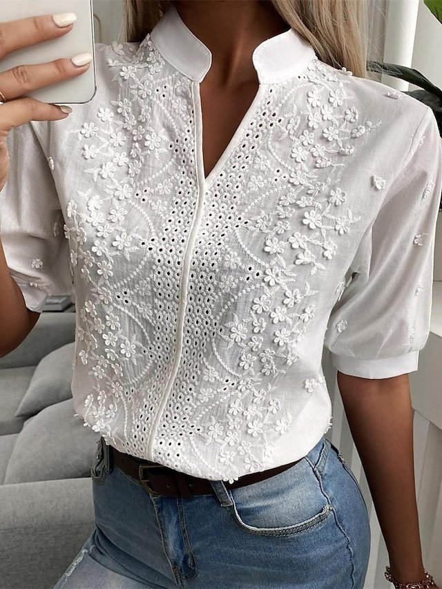 Modern Regular Fit Plain V Neck Lace Short Tops - Image 2