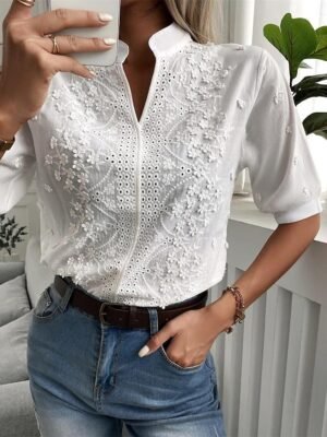 Modern Regular Fit Plain V Neck Lace Short Tops - Image 3