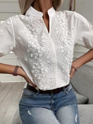 Modern Regular Fit Plain V Neck Lace Short Tops - Image 4