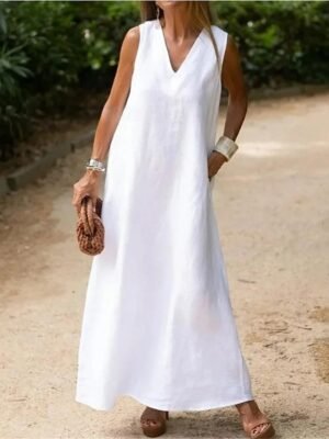 Modern Regular Fit Plain V Neck Maxi Dress - Image 1