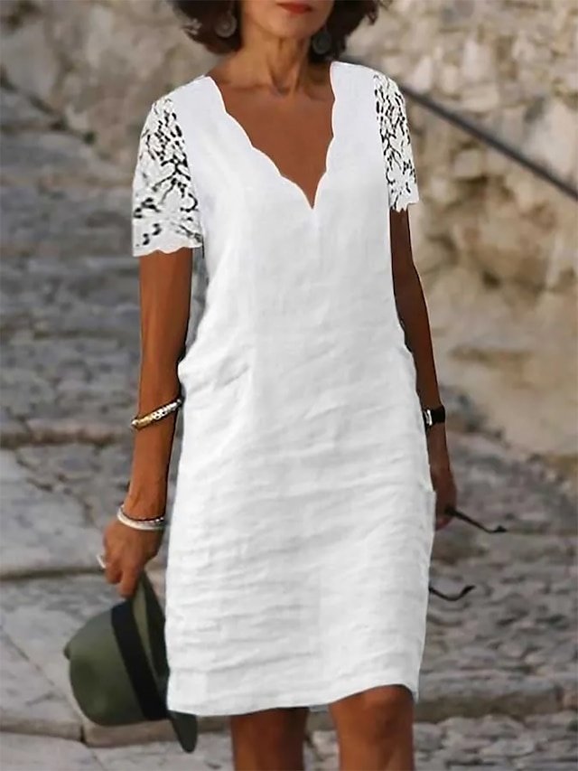 Modern Regular Fit Plain V Neck Short Sleeve Midi Dress - Image 1